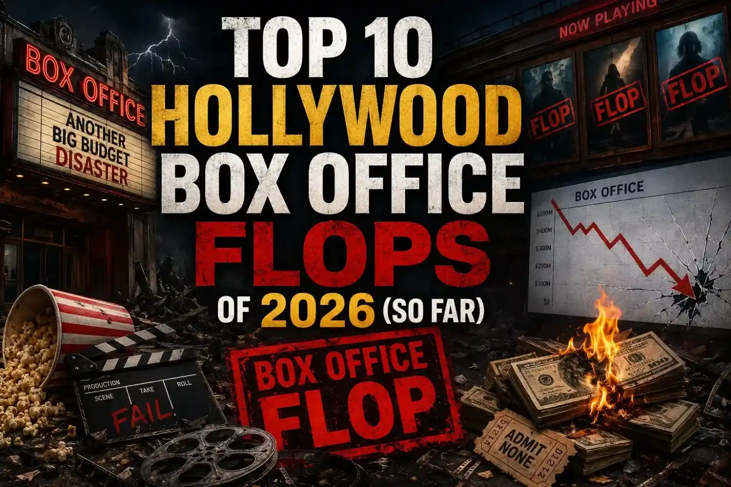 Top 10 Hollywood Box Office Flops of 2026 (So Far) banner featuring a broken movie theater, falling box office chart, film reel, and dramatic Hollywood flop theme.