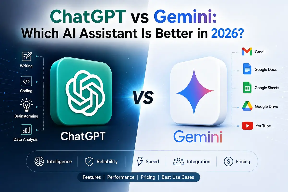 ChatGPT vs Gemini comparison showing features, pricing, performance, integrations, and best AI assistant in 2026