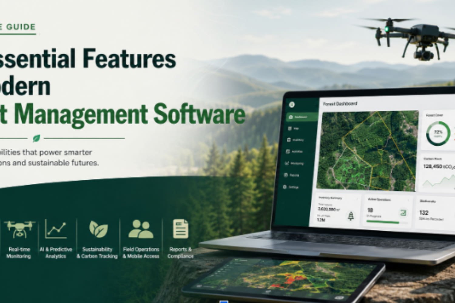 A modern forest management software dashboard displayed on a laptop and tablet, featuring GIS mapping, inventory management, real-time monitoring, AI analytics, sustainability tracking, and field operations, with a drone surveying a forest landscape in the background.