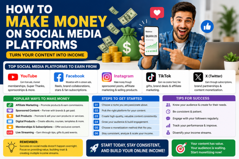How to make money on social media platforms using YouTube, Facebook, Instagram, TikTok, and X with different monetization methods.