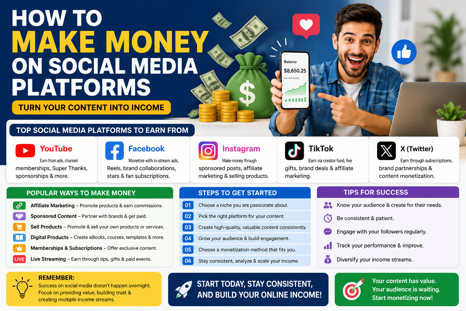 How to make money on social media platforms using YouTube, Facebook, Instagram, TikTok, and X with different monetization methods.