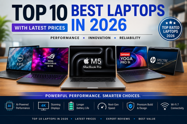 Top 10 Best Laptops in 2026 with Latest Prices featuring Apple MacBook Pro M5, Dell XPS 16, ASUS ROG Zephyrus G16, Lenovo Yoga Pro 9i, and HP Spectre x360 14