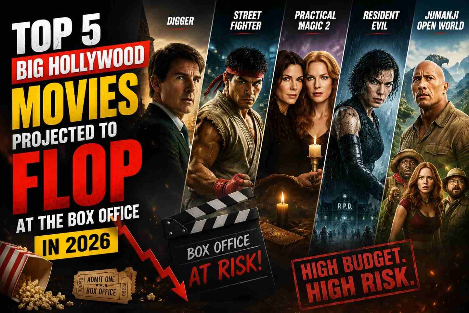 Top 5 Big Hollywood Movies Projected to Flop at the Box Office in 2026 featuring Digger, Street Fighter, Practical Magic 2, Resident Evil, and Jumanji: Open World