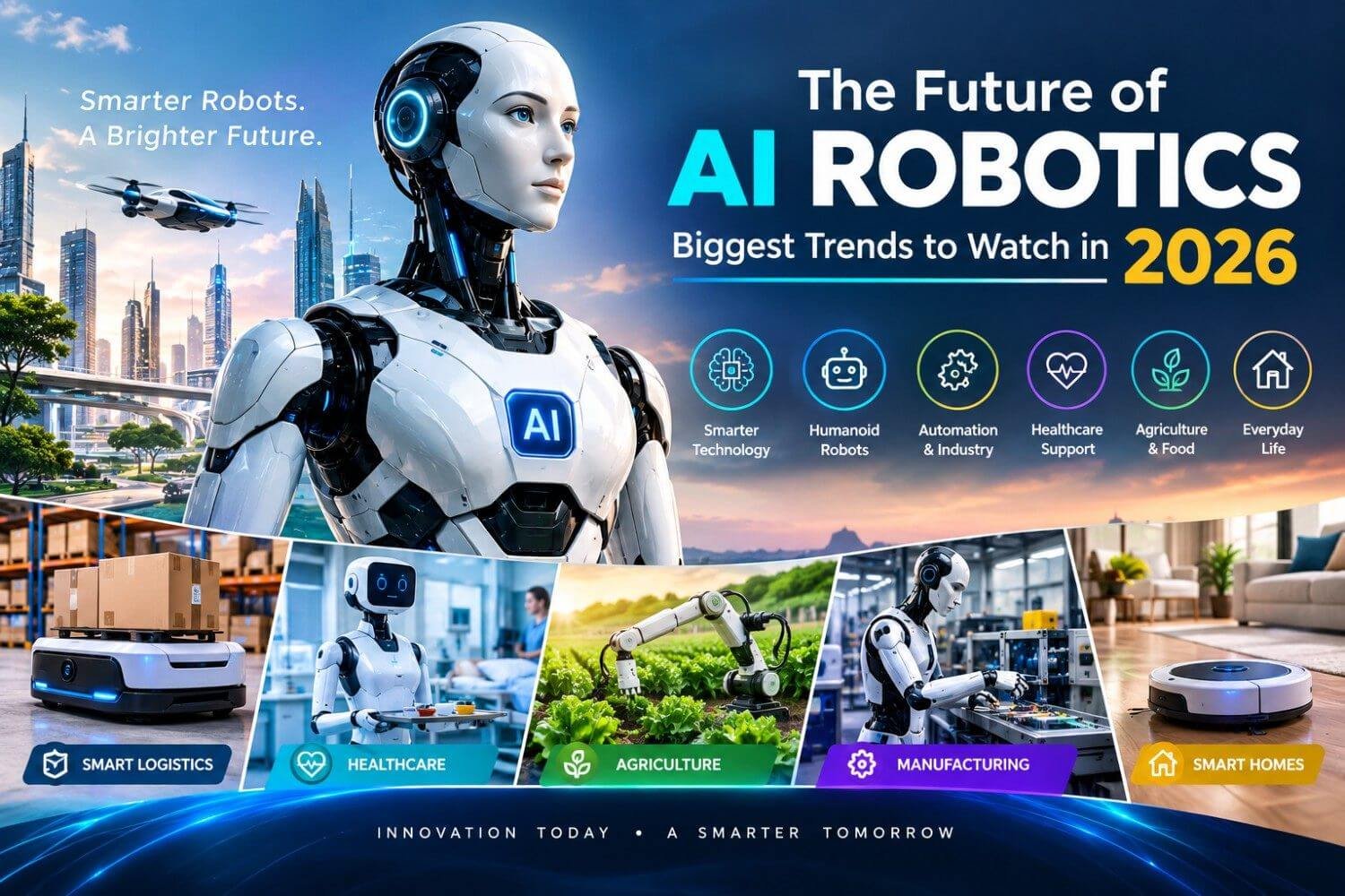 Future of AI robotics 2026 featuring humanoid robots, smart robots, healthcare, agriculture, manufacturing, and robotics technology